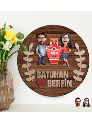 Bk Gift Kişiye Özel Sevgililer Karikatürlü Kabartma Figürlü Ahşap Tablo, Duvar Dekoru, Sevgiliye Hediye, Ev Dekorasyonu, Sevgililer Günü Hediyesi