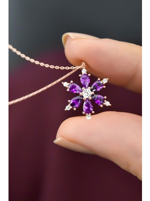 Zanaat Silver 925 Ayar Gümüş Zincirli Ametist Taşlı Rose Kaplama Lotus Kamelya Çiçeği Kolye