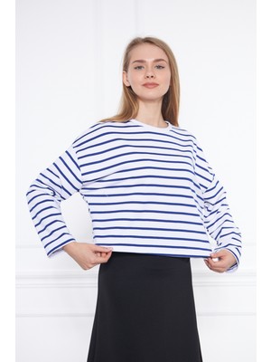 Levina Crop Çizgili Sweatshirt Lacivert