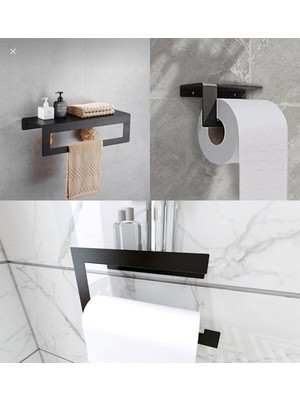 Thorqtech Modern Metal 3'lü Set Raflı Banyo Havlu Askılığı Rulo Havlu Askılığı Tuvalet Kağıtlığı