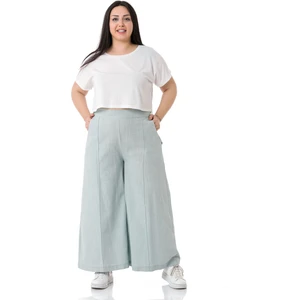 Disentis Modest Büyük Beden Nervür Dikişli Cepli Fermuarlı Bol Paça Keten Su Yeşili Pantolon