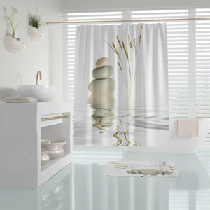 Tropik Home Taş Desenli Dijital Baskılı Solma Yapmaz Su Geçirmez Polyester Kumaş Banyo Perdesi C-Halka Hediyeli