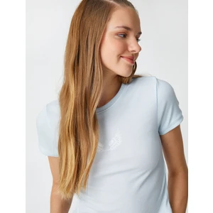 Crop Tişört Baskılı Bisiklet Yaka Kısa Kollu Fitilli