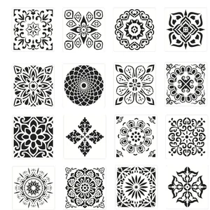 16 Paket Boyama Şablonu Yeniden Kullanılabilir Mandala Şablonları Yer Duvar Karo Boya Beyaz 16PCS