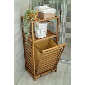 Ceviz Rengi Ahşap Kirli Sepetli Banyo Düzenleyici Raf – CVZ01
