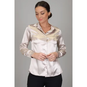 Sweetness Kadın  Açık Bej Likralı  Saten Uzun Kol Abiye Gömlek