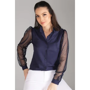 Sweetness Kadın Lacivert Kolları Tül Gömlek