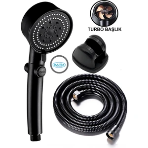 Turbo Pervaneli 5 Fonksiyonlu Duş Başlığı Duş Hortumu 150 cm ve Mafsal Set (Siyah)