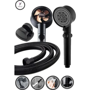 Turbo Pervaneli 5 Fonksiyonlu Duş Başlığı Duş Hortumu 150 cm ve Mafsal Set (Siyah)