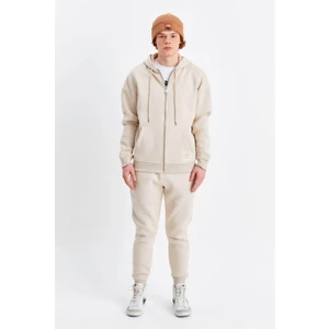 Unisex Bej Find Your Wild Parça Baskılı Dikim Içi Yumuşak Dokulu Fermuarlı Oversize Kapşonlu Eşofman Takımı