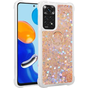 Kny Xiaomi Redmi Note 11 Kılıf Simli Sıvılı Kalpli Yüzüklü Milce Kapak