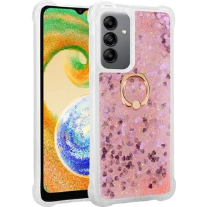 Kny Samsung Galaxy A04S Kılıf Simli Sıvılı Kalpli Yüzüklü Milce Kapak