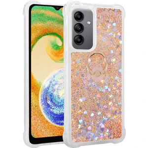 Kny Samsung Galaxy A04S Kılıf Simli Sıvılı Kalpli Yüzüklü Milce Kapak