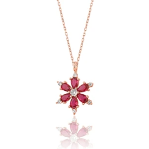 Zanaat Silver 925 Ayar Gümüş Zincirli Rubi Taşlı Rose Lotus Kamelya Çiçeği Kolye