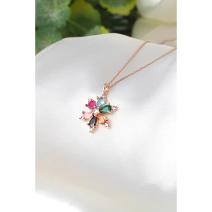 Zanaat Silver 925 Ayar Gümüş Zincirli Mix Taşlı Rose Kaplama Lotus Kamelya Çiçeği Kolye