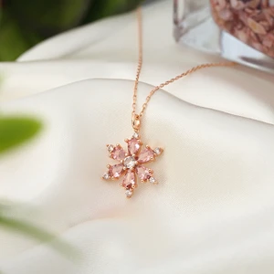 Zanaat Silver Gümüş Zincirli Pembe Taşli Rose Kaplama Lotus Kamelya Çiçeği Kolye