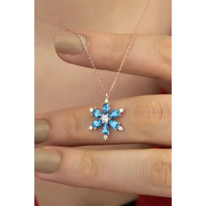 Zanaat Silver Gümüş Zincirli Aqua Taşli Rose Kaplama Lotus Kamelya Çiçeği Kolye