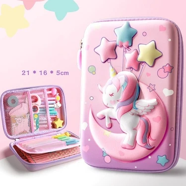 Xcspace 3D Kalem Kutusu - Sevimli Unicorn Karakterli Büyük Boy 21 x 16 x 5 cm (Yurt