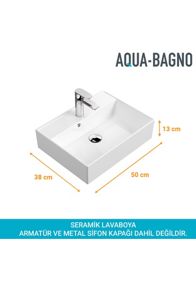 Aqua Bagno Plan Tezgah Üstü Kare Çanak Lavabo , 50 x 38 Cm. Beyaz