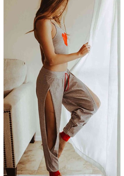 Özel Tasarım Dantel Kalp Tasarımlı Pijama Takım Gri