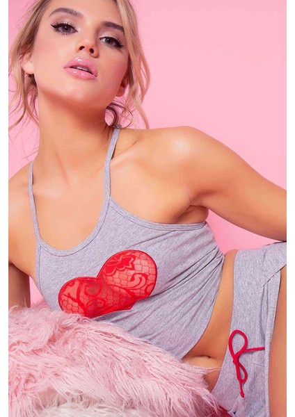 Özel Tasarım Dantel Kalp Tasarımlı Pijama Takım Gri