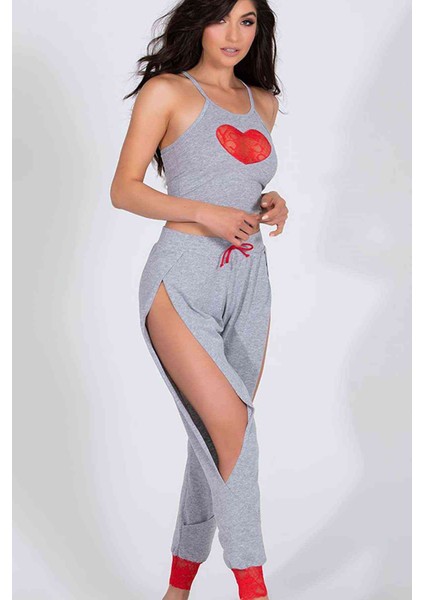 Özel Tasarım Dantel Kalp Tasarımlı Pijama Takım Gri
