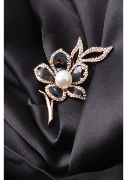 Broş Çiçekli Otantık Desenli Bronz Kristal Taşli