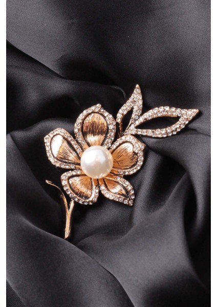 Broş Çiçekli Otantık Desenli Bronz Kristal Taşli