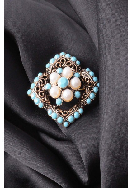 Broş Çiçekli Otantık Desenli Bronz Kristal Taşli