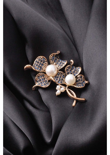 Broş Çiçekli Otantık Desenli Bronz Kristal Taşli