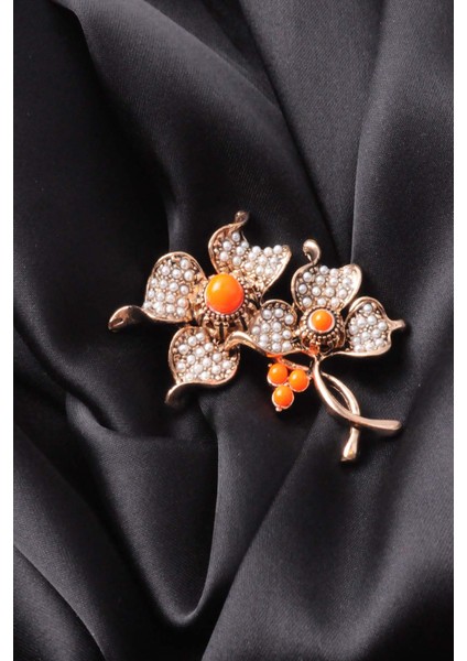 Broş Çiçekli Otantık Desenli Bronz Kristal Taşli
