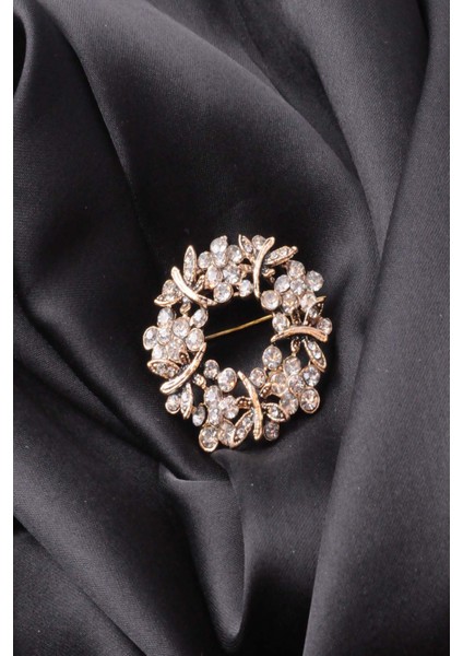 Broş Çiçekli Otantık Desenli Bronz Kristal Taşli