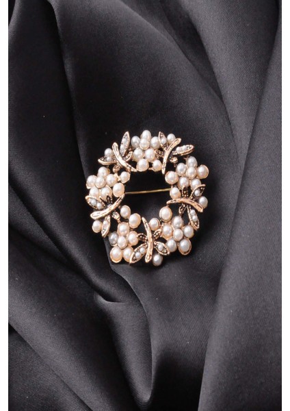 Broş Çiçekli Otantık Desenli Bronz Kristal Taşli