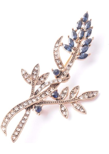 Broş Çiçekli Otantık Desenli Bronz Kristal Taşli