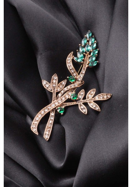 Broş Çiçekli Otantık Desenli Bronz Kristal Taşli