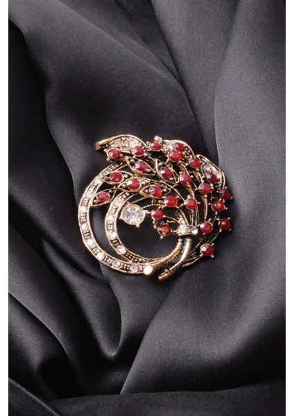 Broş Çiçekli Otantık Desenli Bronz Kristal Taşli