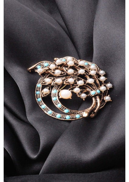 Broş Çiçekli Otantık Desenli Bronz Kristal Taşli