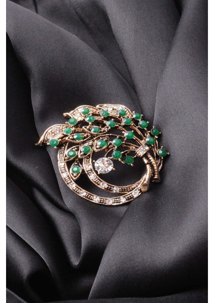 Broş Çiçekli Otantık Desenli Bronz Kristal Taşli
