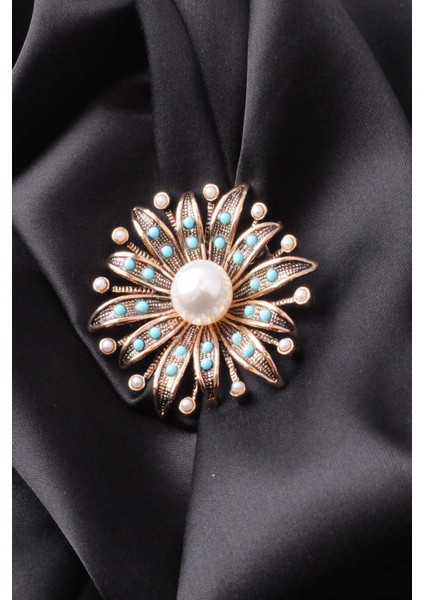 Broş Çiçekli Otantık Desenli Bronz Kristal Taşli