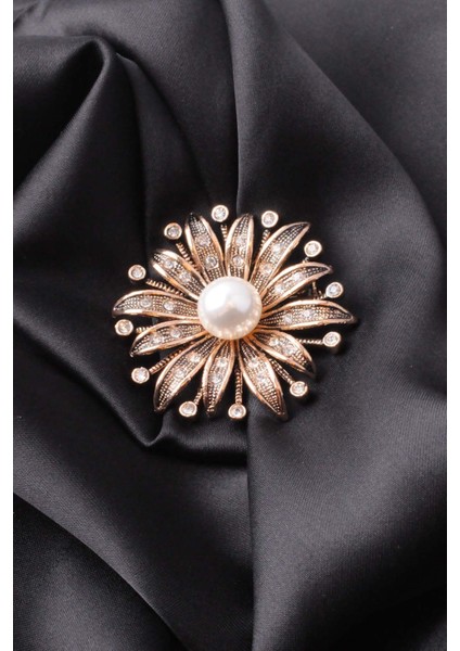 Broş Çiçekli Otantık Desenli Bronz Kristal Taşli