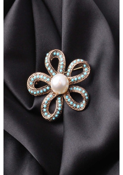 Broş Çiçekli Otantık Desenli Bronz Kristal Taşli