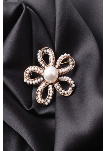 Broş Çiçekli Otantık Desenli Bronz Kristal Taşli