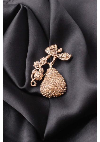 Broş Çiçekli Otantık Desenli Bronz Kristal Taşli