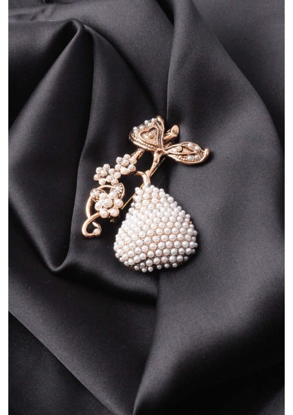 Broş Çiçekli Otantık Desenli Bronz Kristal Taşli