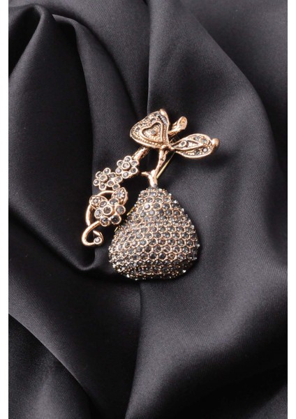 Broş Çiçekli Otantık Desenli Bronz Kristal Taşli