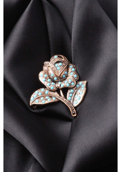 Broş Çiçekli Otantık Desenli Bronz Kristal Taşli