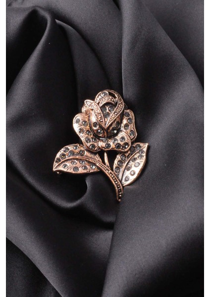 Broş Çiçekli Otantık Desenli Bronz Kristal Taşli