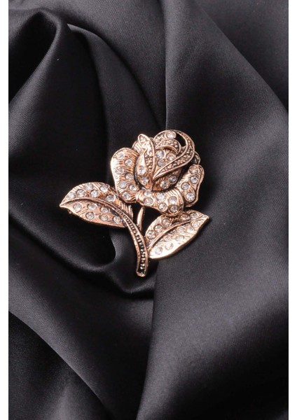 Broş Çiçekli Otantık Desenli Bronz Kristal Taşli