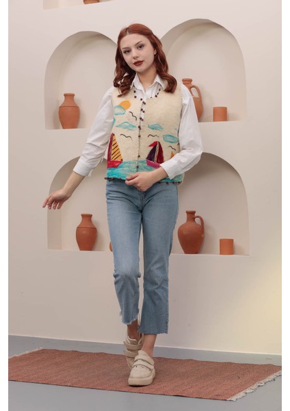 Yaren Design Kadin Yelek Yün Keçe Yelek Deniz Temali Kadın Üst Giyim Yün Keçe El Emegi Yelek Kadın Tunik