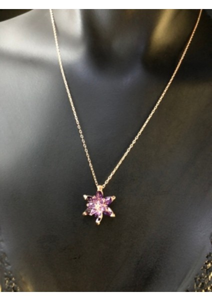 Lotus Çiçeği Serisi Mor Taşlı Roze Renk 925 Ayar Gümüş Kolye